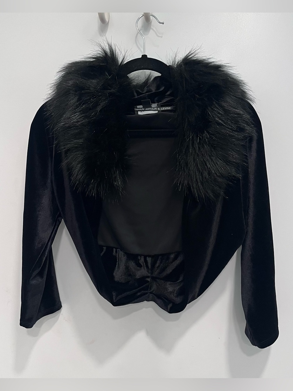 Tahari Black Women's Shrug Jacket with Faux Fur Trim Large Y2K Going Out Coat
